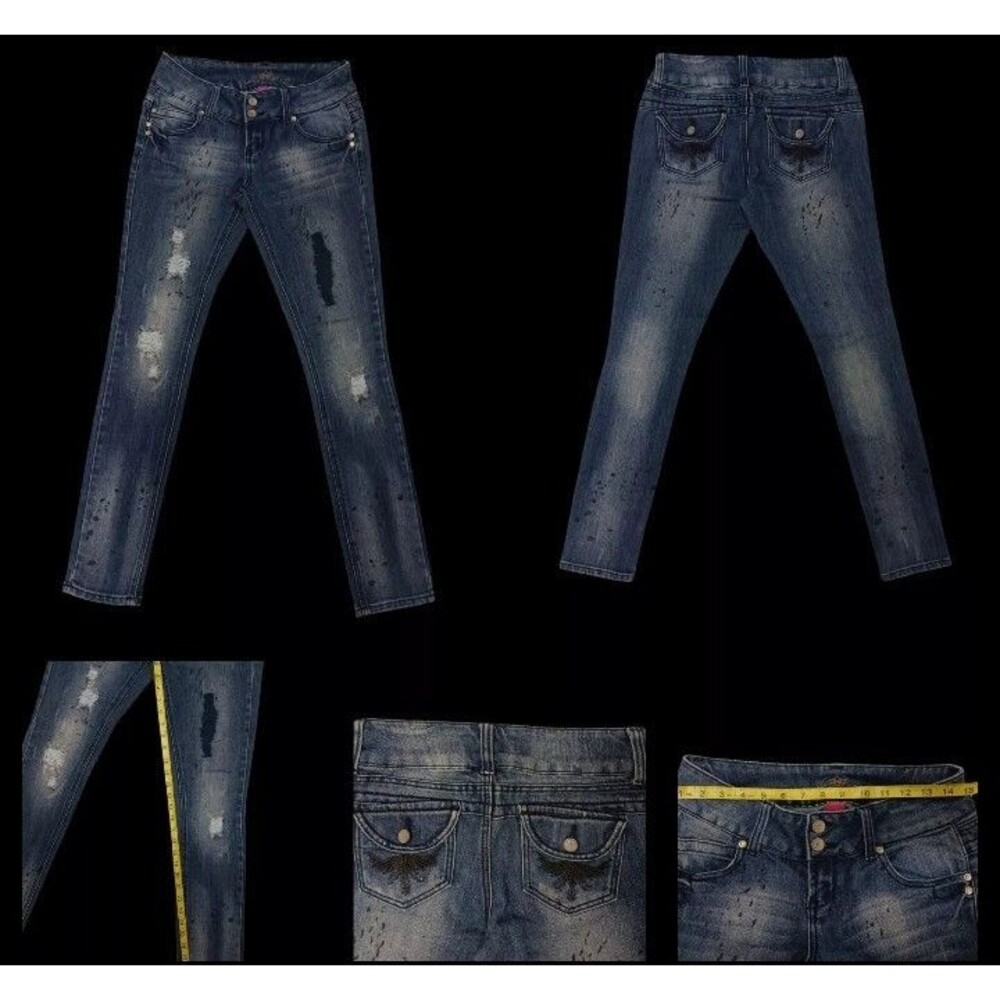 Y2K Almost Famous Jeans Womans Size 9 Embellished Distressed Skinny Medium Wash